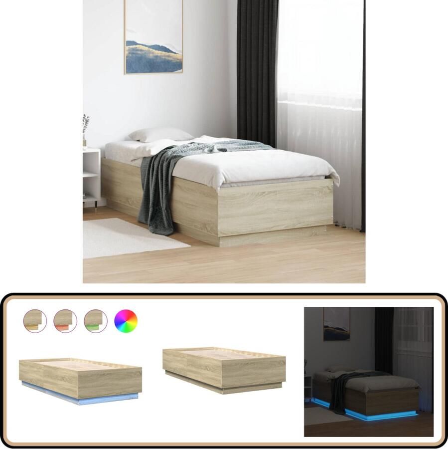 VidaXL Bedframe Sonoma Eiken LED 90x190 cm Led Bed Frame Rgb Led Lampjes Houten Bedframe Bruin Sonoma Eiken