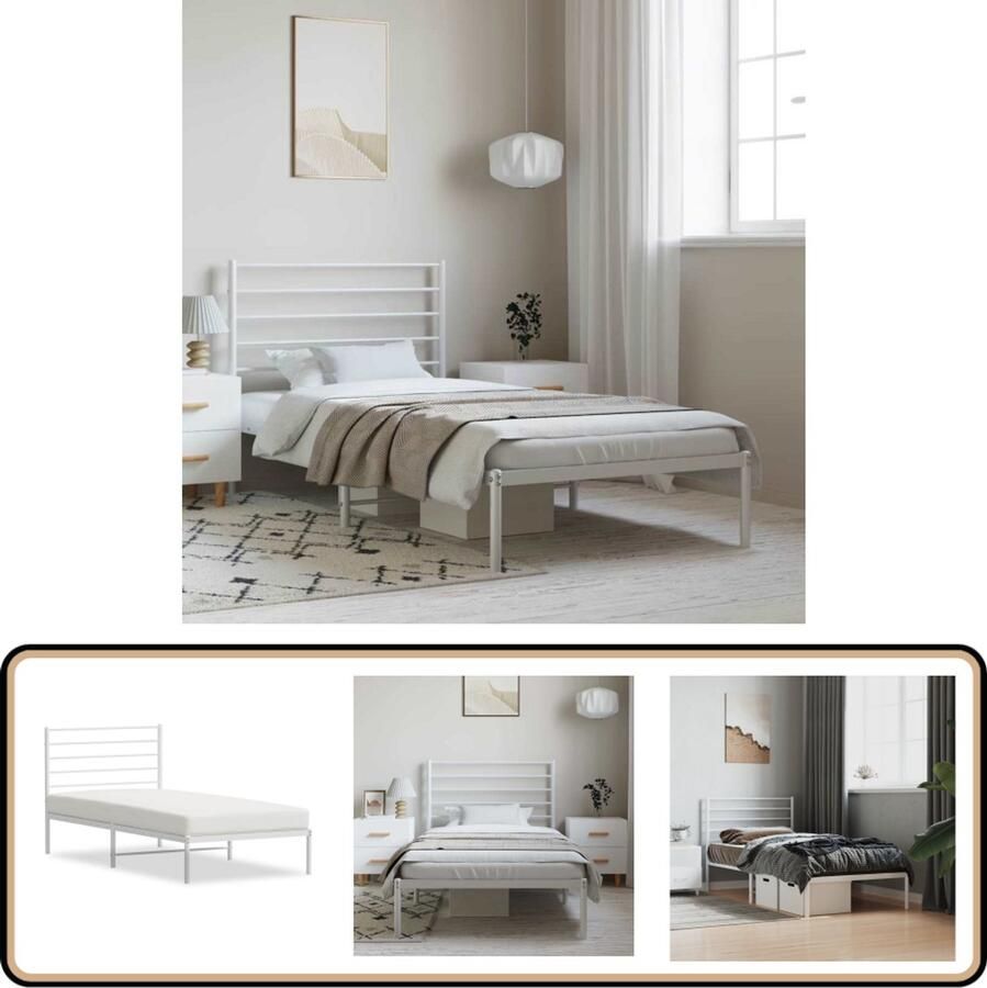 VidaXL Bedframe Staal 100x190 cm Wit Modern Design Klassieke Bed Frame Metalen Bedframe Witte Bed Frame Eenpersoonsbed Bed Frame Met Hoofdbord