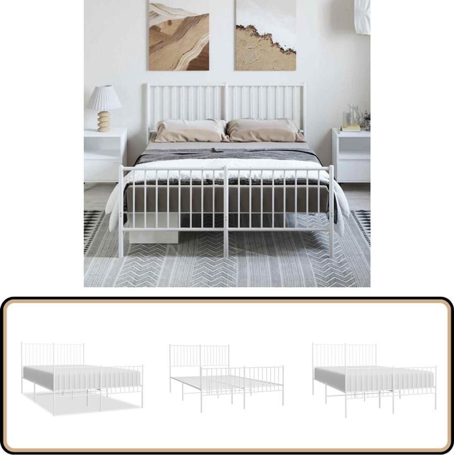 VidaXL Bedframe Staal 135x190 cm Wit Robuust Bed Frame Metalen Bedframe Klassiek Bedframe Wit Bedframe Staal Bedframe Boxspring Bedframe