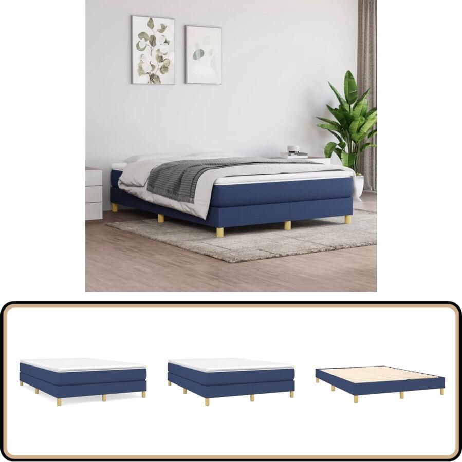 VidaXL Bedframe Stof Blauw 140x200 cm Boxspring Frame Tweepersoons Bed Frame Blauwe Bedbank Stof Bedframe Houten Bedframe Multipex Lattenbodems Ademende Stof Stabiel Bedframe Compact Bedframe