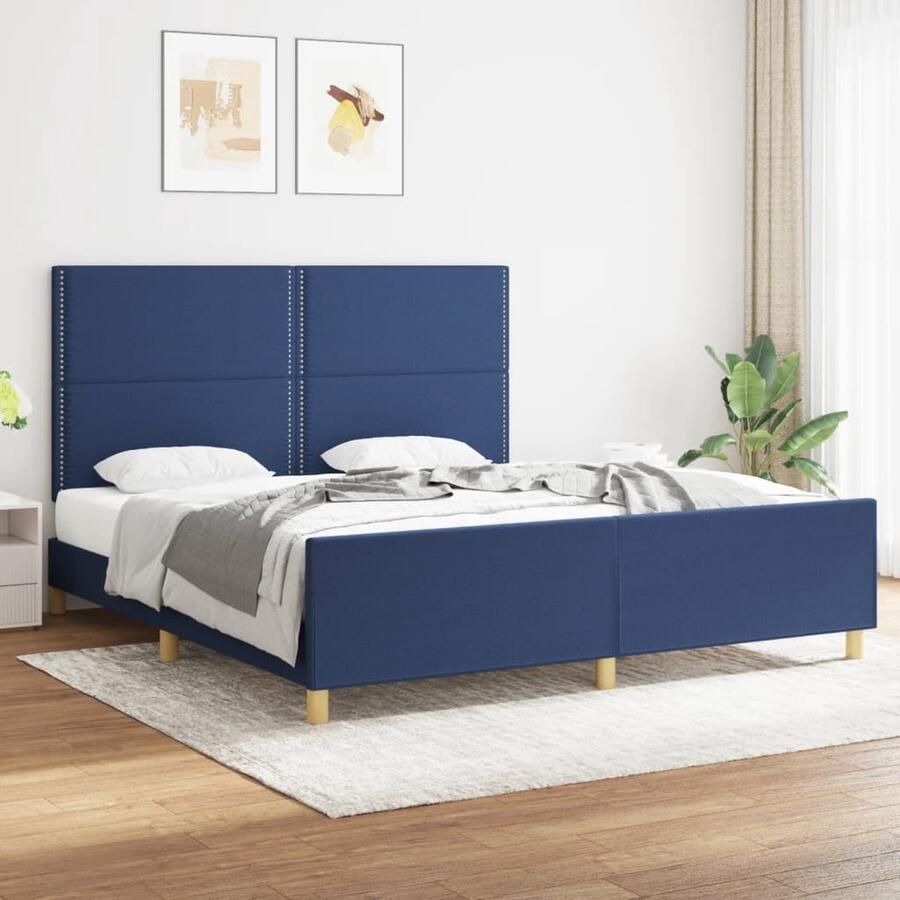 VidaXL Bedframe Stof Blauw 180x200 cm Bed Frame Houten Bed Met Hoofdbord Larikshout Bed Blauwdruk Bed Tweepersoons Bed - Foto 2