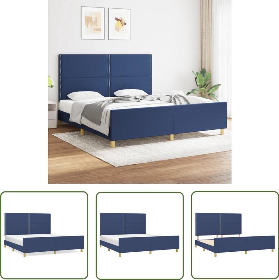 VidaXL Bedframe Stof Blauw 180x200 cm Bed Frame Houten Bed Met Hoofdbord Larikshout Bed Blauwdruk Bed Tweepersoons Bed