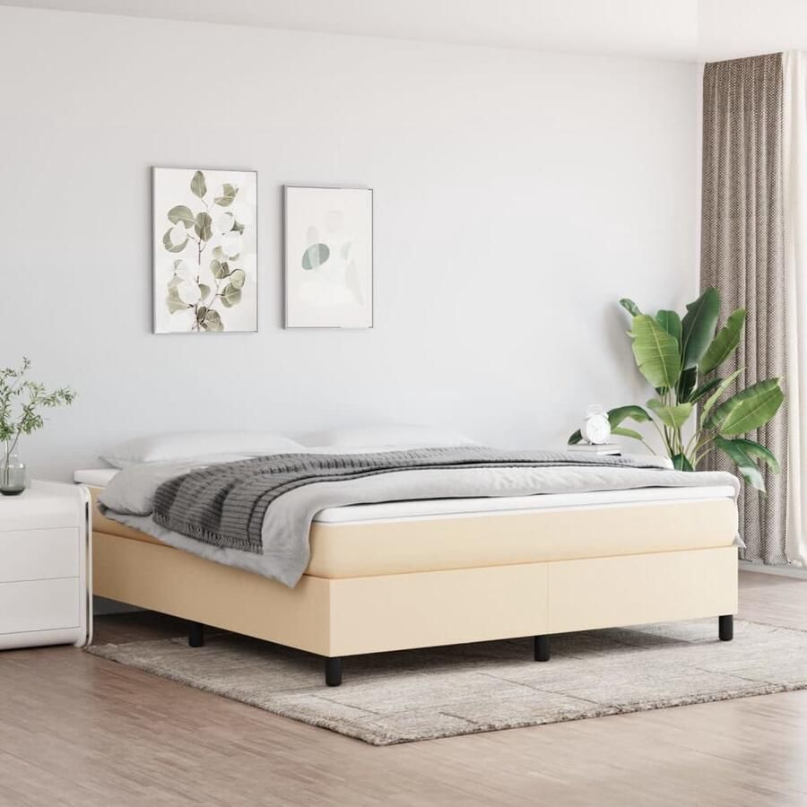 VidaXL Bedframe Stof Crème 160x200 cm Boxspring Frame Tweepersoons Bed Creme Kleurige Bed Houten Bed Frame Stoffen Bed Frame Multiplex Lattenbodem Bed Frame Zonder Matras Bedroom Furniture - Foto 2