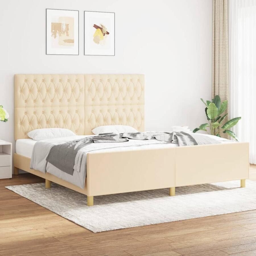 VidaXL Bedframe Stof Crème 180x200 cm Bedframe Boxspring Tweepersoonsbed Creme Kleur Houten Bed Adjustable Headboard Multipex Lattenbodem - Foto 2