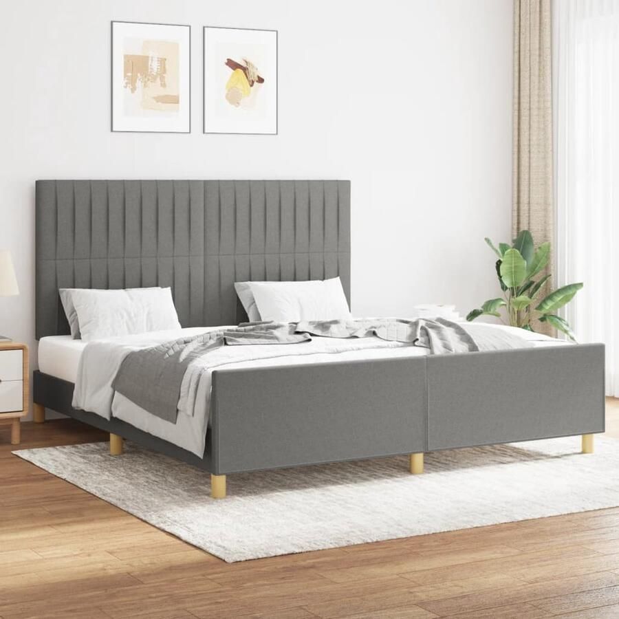 VidaXL Bedframe Stof Donkergrijs 160x200 cm Bed Frame Tweepersoons Bed Donkere Kleuren Houten Bed Frame Stoffen Bed Frame Bed Met Hoofdeinde Comfortabel Bed Slaapcomfort - Foto 2