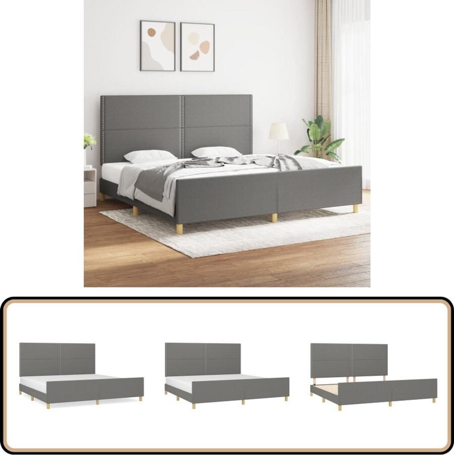 VidaXL Bedframe Stof Donkergrijs 200x200 cm Bed Frame Bedbank Boxspring Tweepersoonsbed Donkere Kleuren Grijs Stoffen Bed Comfortabel Bed Adjustable Headboard