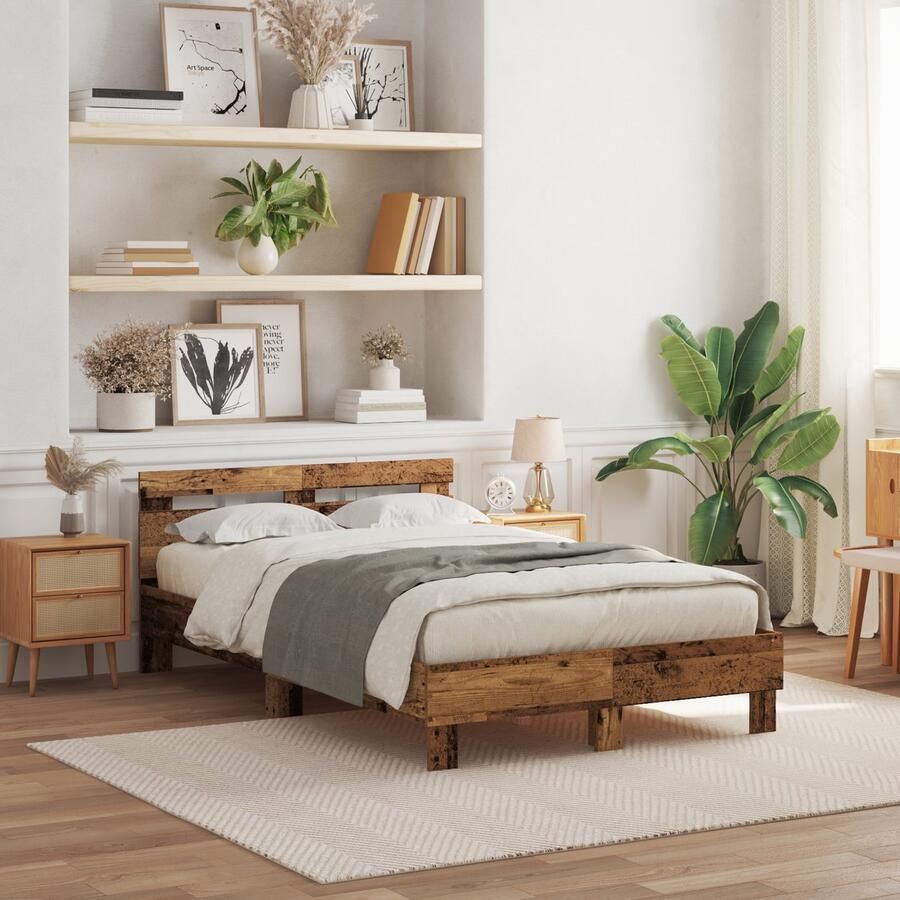 VidaXL Bedframe met hoofdeinde Oud hout 135 x 190 cm Bewerkt hout