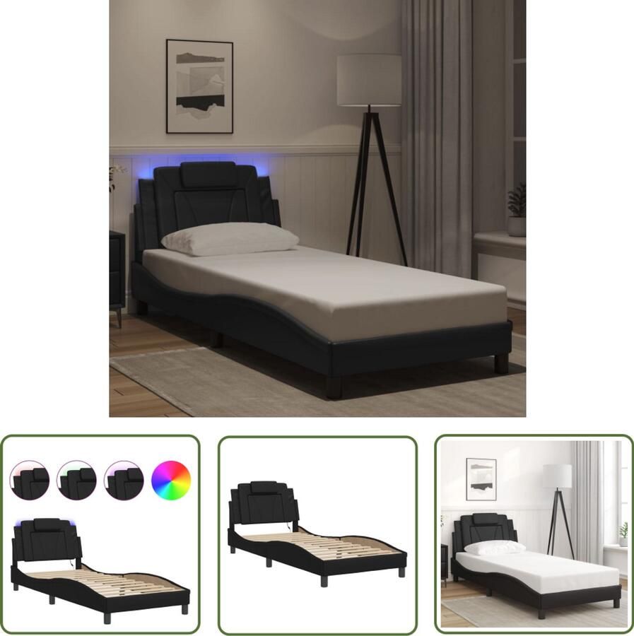 VidaXL Bedframe Viana met LED zonder matras kunstleer zwart 90x200 cm Bed Frame Led Lamp Kunstleder Bed Modern Bed Hoofdbord