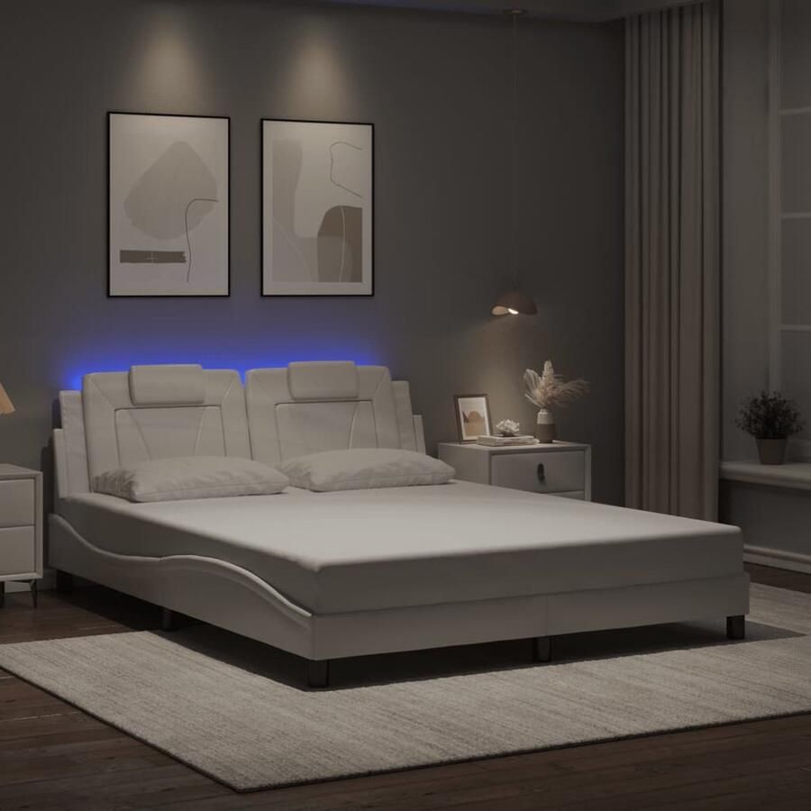 VidaXL Bedframe Viana met LED zonder matras kunstleer wit 160x200 cm - Foto 2