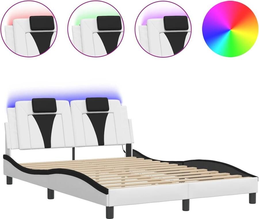 VidaXL Bedframe Viana met LED zonder matras kunstleer wit en zwart 140x190 cm