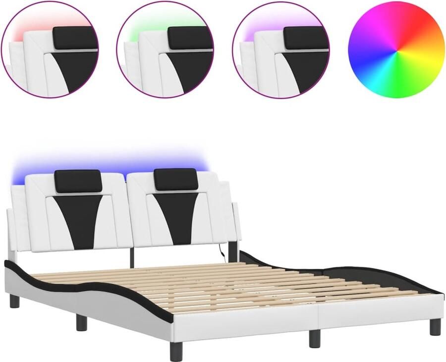 VidaXL Bedframe Viana met LED zonder matras kunstleer wit en zwart 160x200 cm