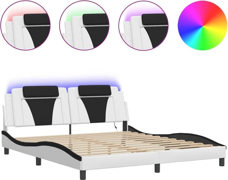 VidaXL Bedframe Viana met LED zonder matras kunstleer wit en zwart 180x200 cm - Foto 3