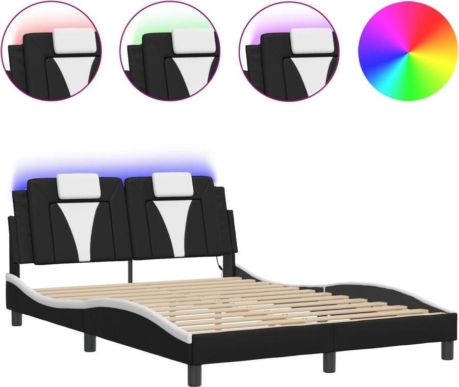 VidaXL Bedframe Viana met LED zonder matras kunstleer zwart en wit 140x190 cm
