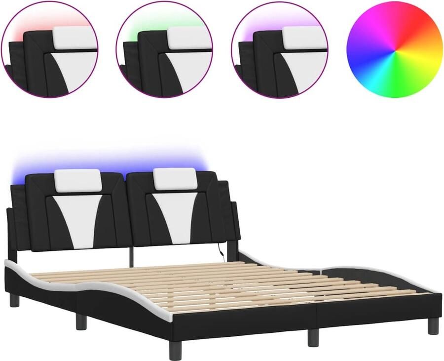 VidaXL Bedframe Viana met LED zonder matras kunstleer zwart en wit 160x200 cm
