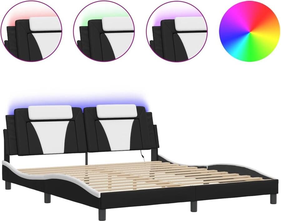VidaXL Bedframe Viana met LED zonder matras kunstleer zwart en wit 180x200 cm
