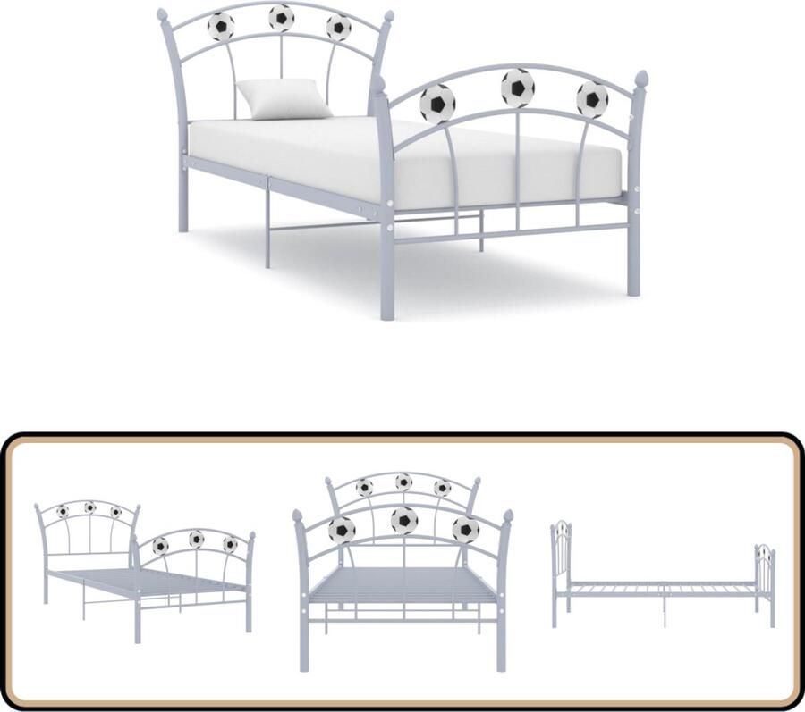 VidaXL Bedframe Voetbaldesign 90x200 cm Metaal Grijs Voetbalbed Metalen Bed Frame Enkelpersoonsbed Grijze Bed Slaapcomfort