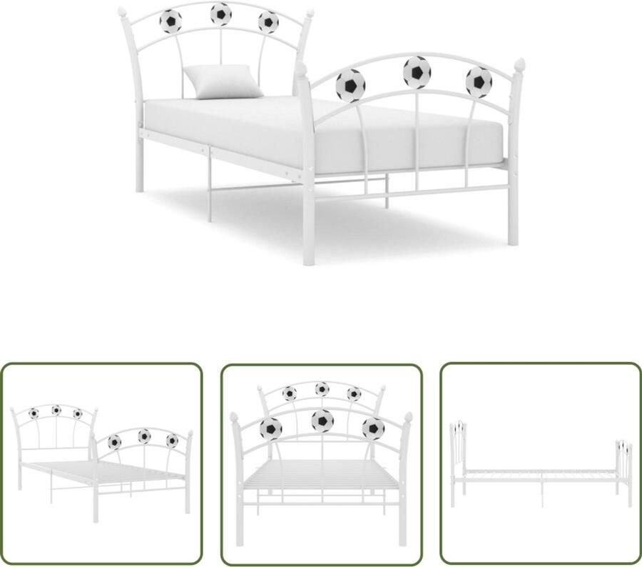 VidaXL Bedframe Voetbaldesign Wit 90x200 cm Metalen Bed Frame Voetbalsleper Enkelpersoonlig Bed Witte Bed Slaapcomfort Slaapkamersdecoratie Kinderkamermeubels