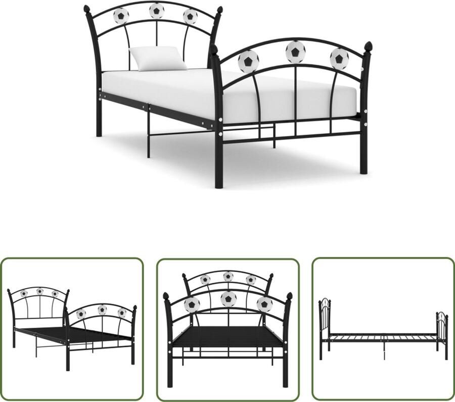 VidaXL Bedframe Voetbaldesign Zwart 90x200 cm Metalen Bed Frame Voetbalbed Eenpersoonsbed Zwarte Bed Kids Kamer Jongenskamer Meisjeskamer Compact Bed Stapelbaar Bed
