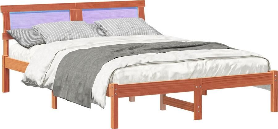 VidaXL Bedombouw met LED-hoofdbord in waxbruin 120 x 190 cm van massief grenenhout