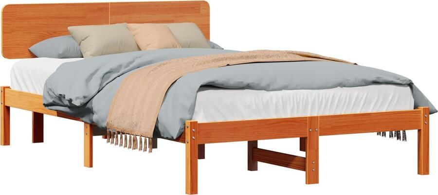 VidaXL Bedframe met hoofdbord in wasbruin 135 x 190 cm van massief grenenhout