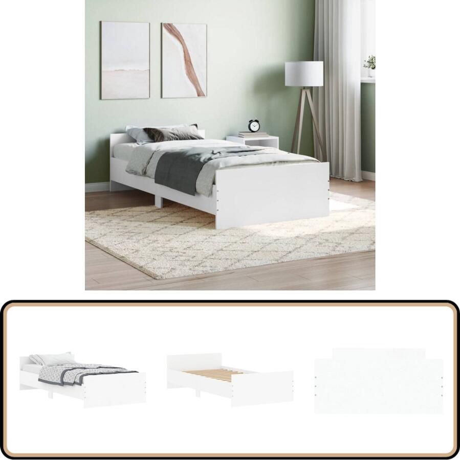 VidaXL Bedframe Wit 100x200 cm Houten Frame Slaapcomfort Bed Frame Houten Bed Tweepersoons Bed Witte Bed Lattenbodem Multipex Lattenbodem