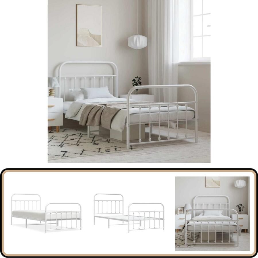 VidaXL Bedframe Wit 100x200 cm Staal Elegant Klassieke Bed Frame Metalen Bedframe Tweepersoons Bed Witte Bed Staal Bedframe Boxspring Bed Slaapcomfort