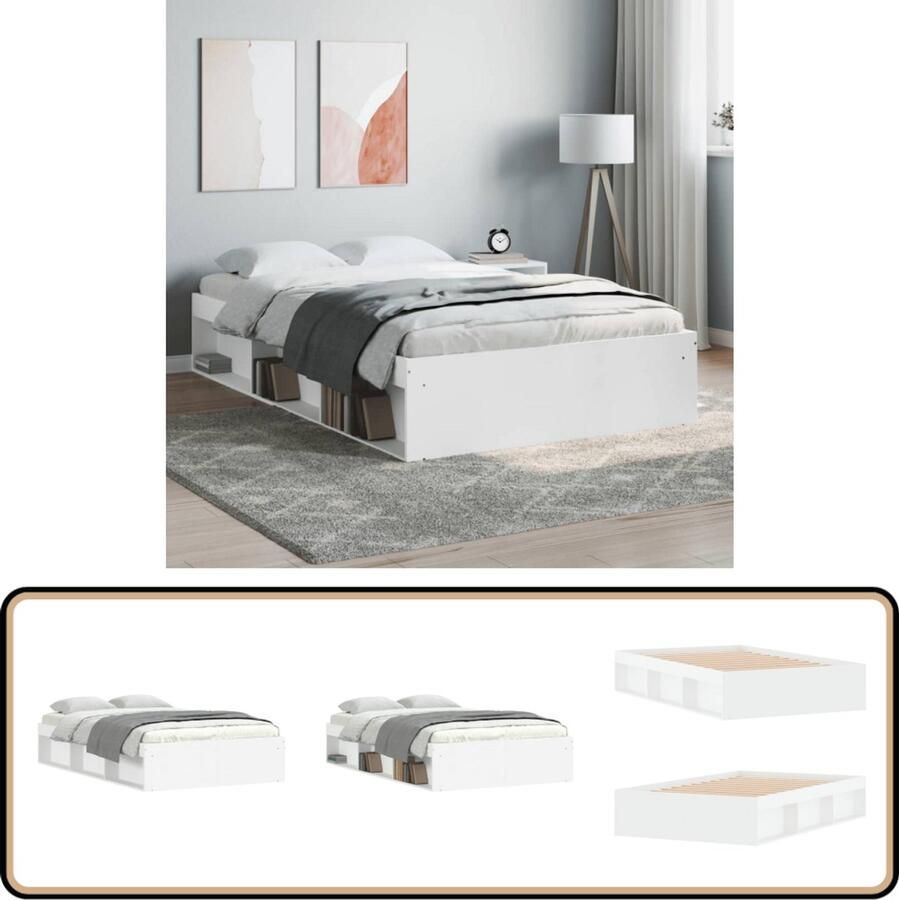 VidaXL Bedframe Wit 120x190 cm Hout Houten Bed Frame Tweepersoons Bed Logeerbed Bed Met Opbergvakken Witte Bed Compact Bed