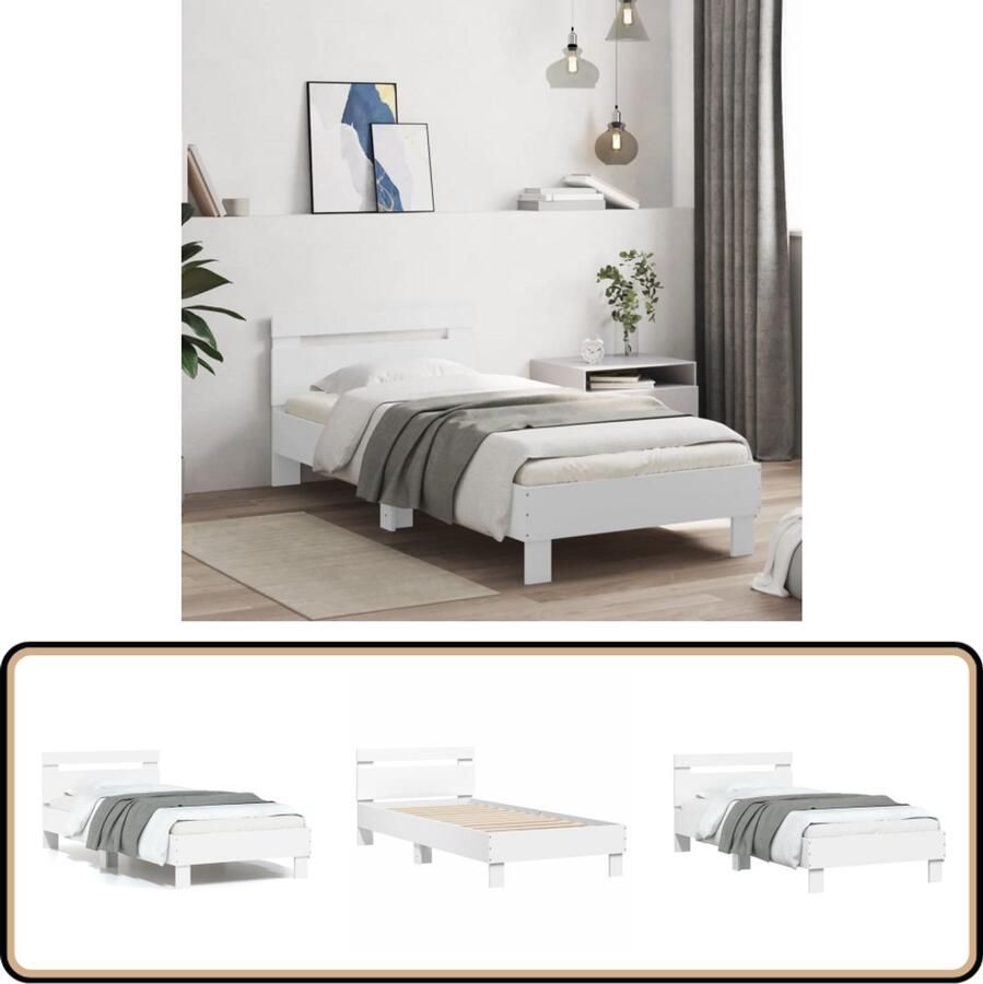 VidaXL Bedframe wit 75x190 cm met hoofdbord Bedframe Slaapcomfort Hoofdboard Wit Bewerkt Hout Lattenbodem