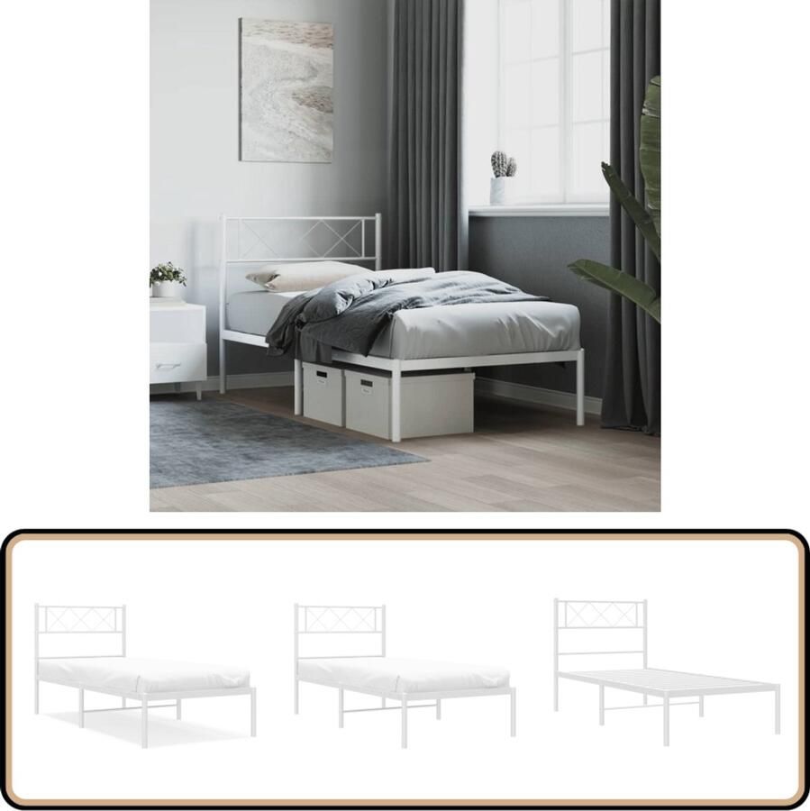 VidaXL Bedframe Wit 75x190 cm Metaal Zonder Matras Metalen Bed Frame Klassieke Bedpost Bedframe Wit Staal Bedframe Compact Bedframe Tweepersoons Bed Boxspring Bed