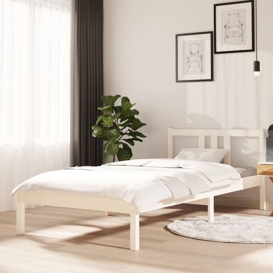 VidaXL Bedframe Wit 90x200 cm Massief Hout Houten Bedframe Enkel Bed Eenpersoonsbed Bed Met Hoofdeinde Wit Bedframe Modern Bedframe - Foto 2
