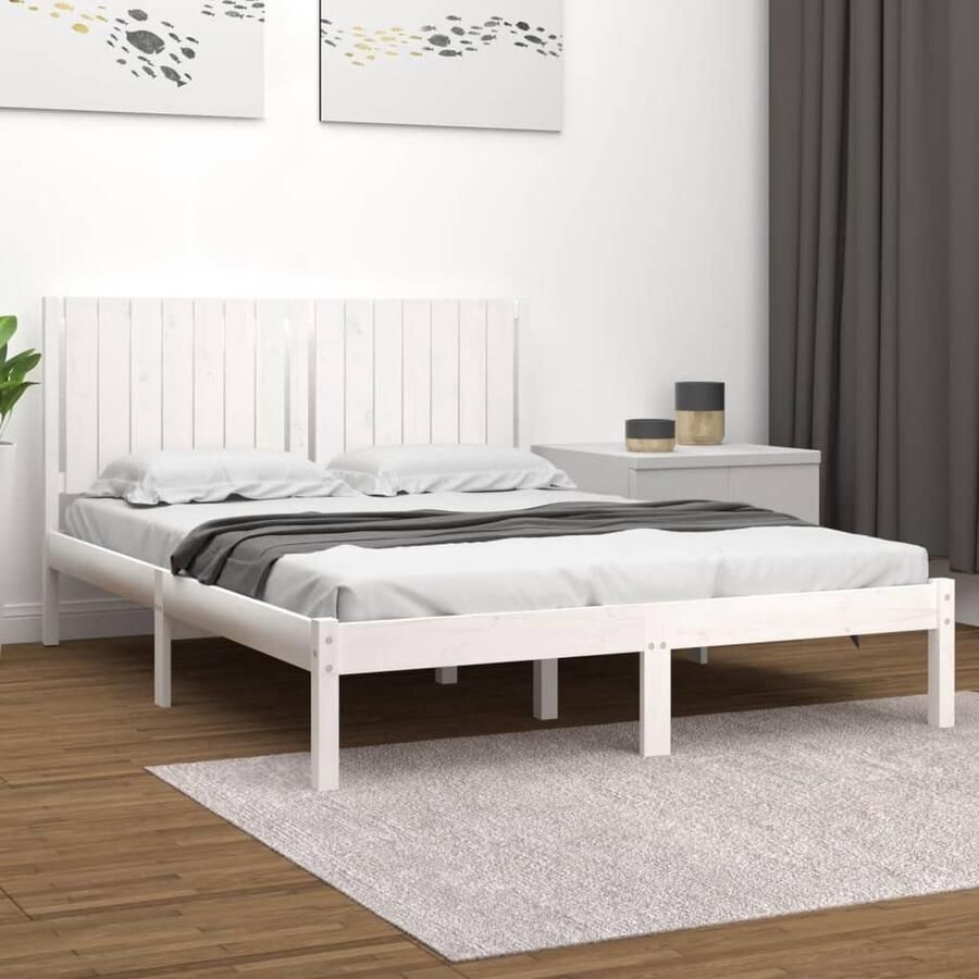 VidaXL Bedframe Wit Grenenhout 160x200 cm Houten Bedframe Tweepersoons Bed Witte Bedbank Modern Bed Massief Grenenhout Bed Bedframe Zonder Matras - Foto 2