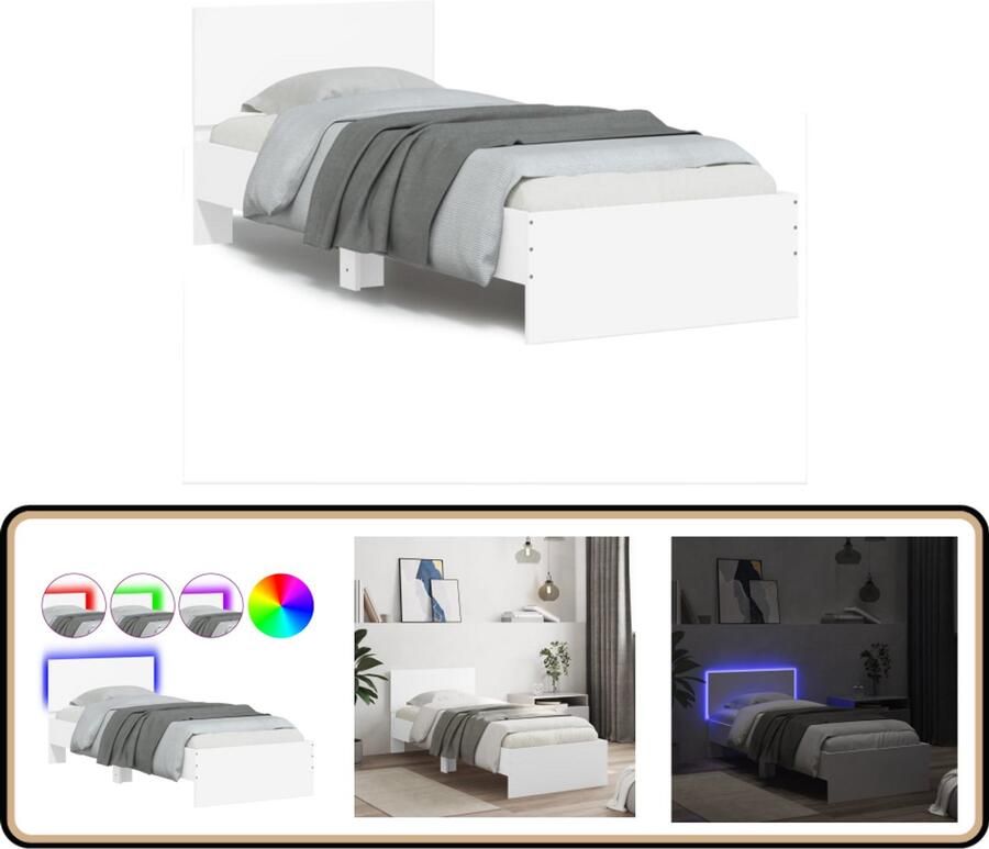 VidaXL Bedframe Wit LED Verlichting 90x200 cm Slaapcomfort Houten Bed Frame Led Verlichting Hoofdboard Tweepersoonsbed Witte Bedbank Modern Design Bedroom Decor