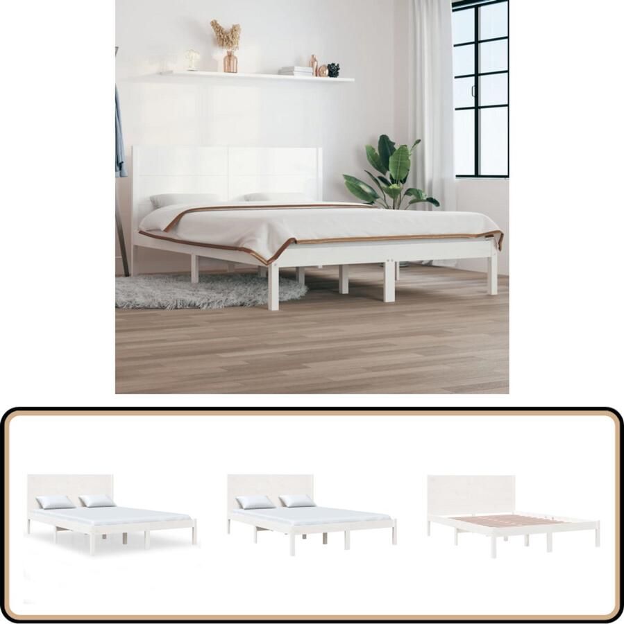 VidaXL Bedframe Wit Massief Grenenhout 135x190 Bedframe Grenenhouten Bed Witte Bed Hoofdeinde Lattenbodem Massief Hout Slaapcomfort