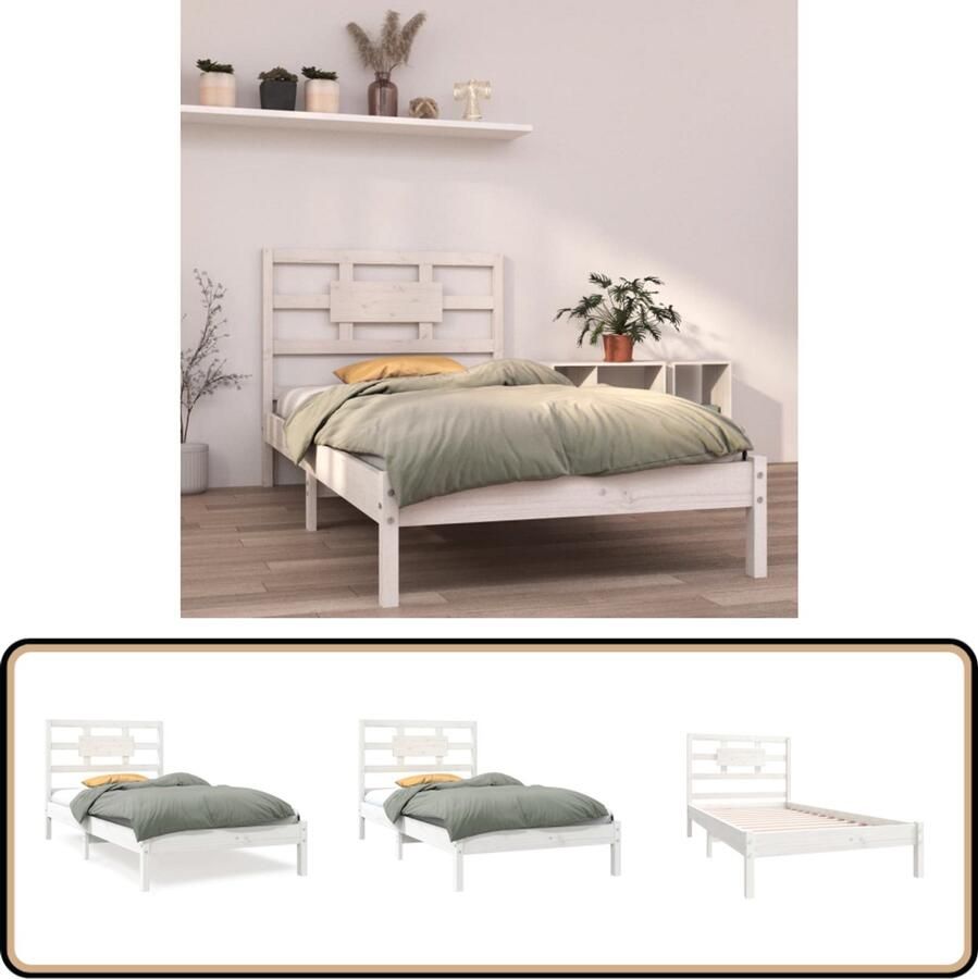 VidaXL Bedframe Wit Massief Grenenhout 90x190 cm Houten Bedframe Massief Grenenhout Enkel Bed Witte Bedbank Tijdloos Design