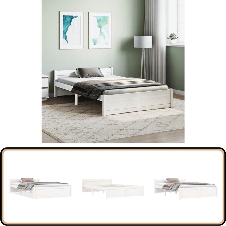 VidaXL Bedframe Wit Massief Hout 135x190 cm Houten Bedframe Massief Grenenhout Bedframe Wit Tweepersoons Bed Bedframe 135x190 Modern Bedframe
