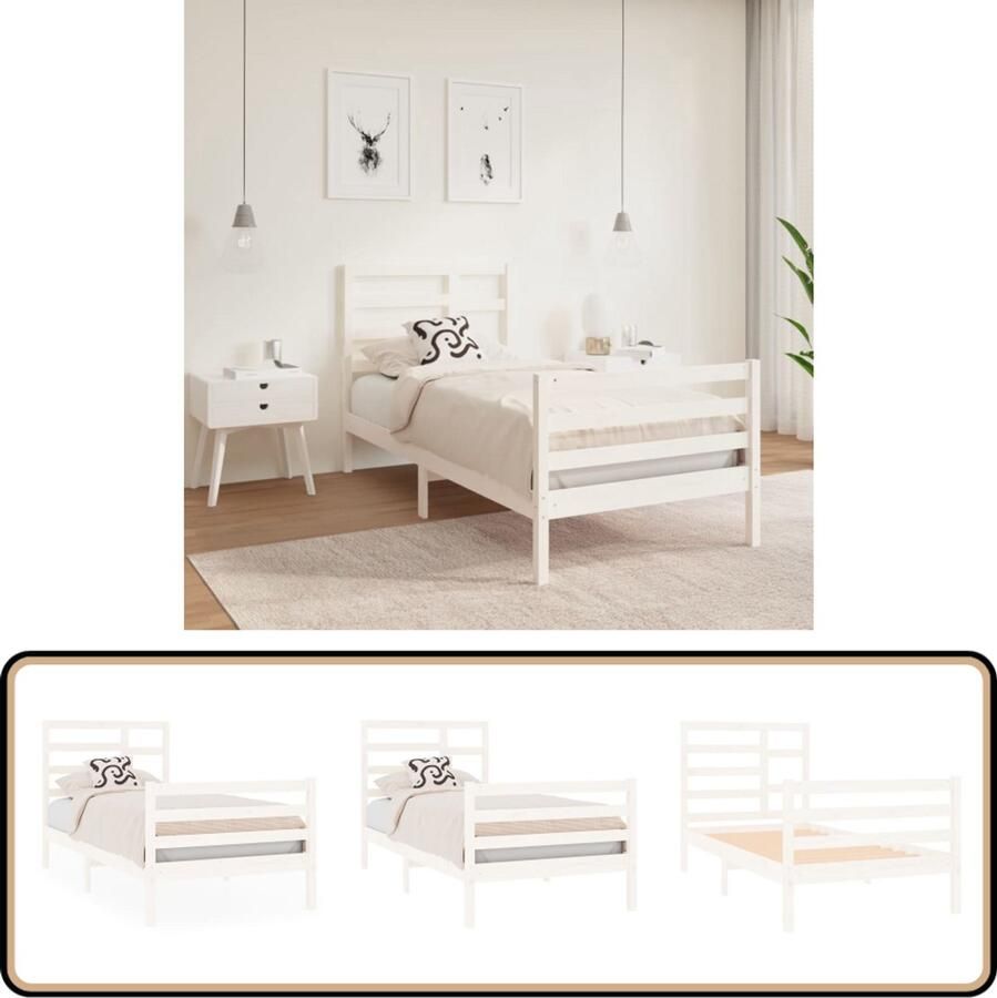 VidaXL Bedframe Wit Massief Hout 90x190 cm Houten Bedframe Enkelbed Witte Bedbank Modern Design Stabiele Constructie