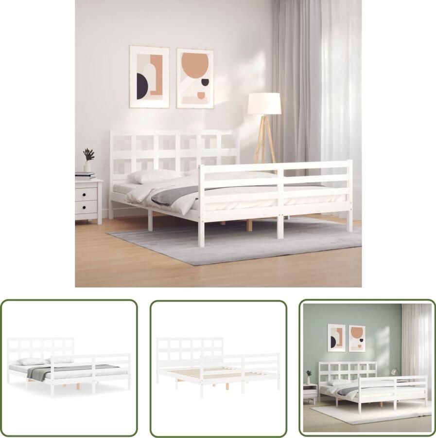 VidaXL Bedframe Wit Massief Houten Bed Bedframe met hoofdbord massief hout wit 160x200 cm Bed 160x200 Slaapcomfort Grenenhout Bed