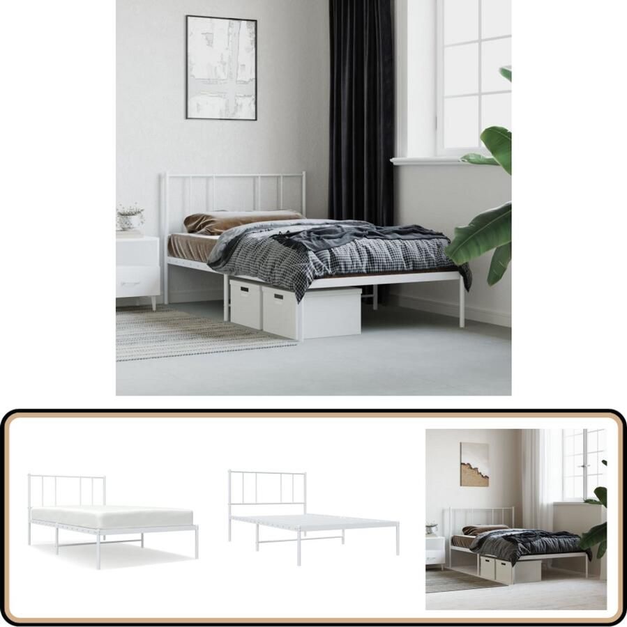 VidaXL Bedframe Wit Met Hoofdbord 90x190 cm Robuust Bed Frame Klassiek Bed Frame Metalen Bed Frame Wit Bed Frame Eenpersoons Bed