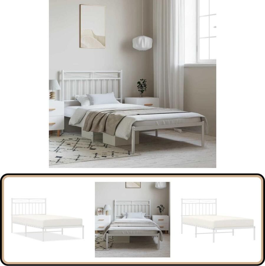 VidaXL Bedframe Wit Metaal 100x190 cm Klassieke Bed Frame Metalen Bedframe Witte Bed Frame Eenpersoonsbed Bed Frame Met Hoofdbord Staal Bed Frame