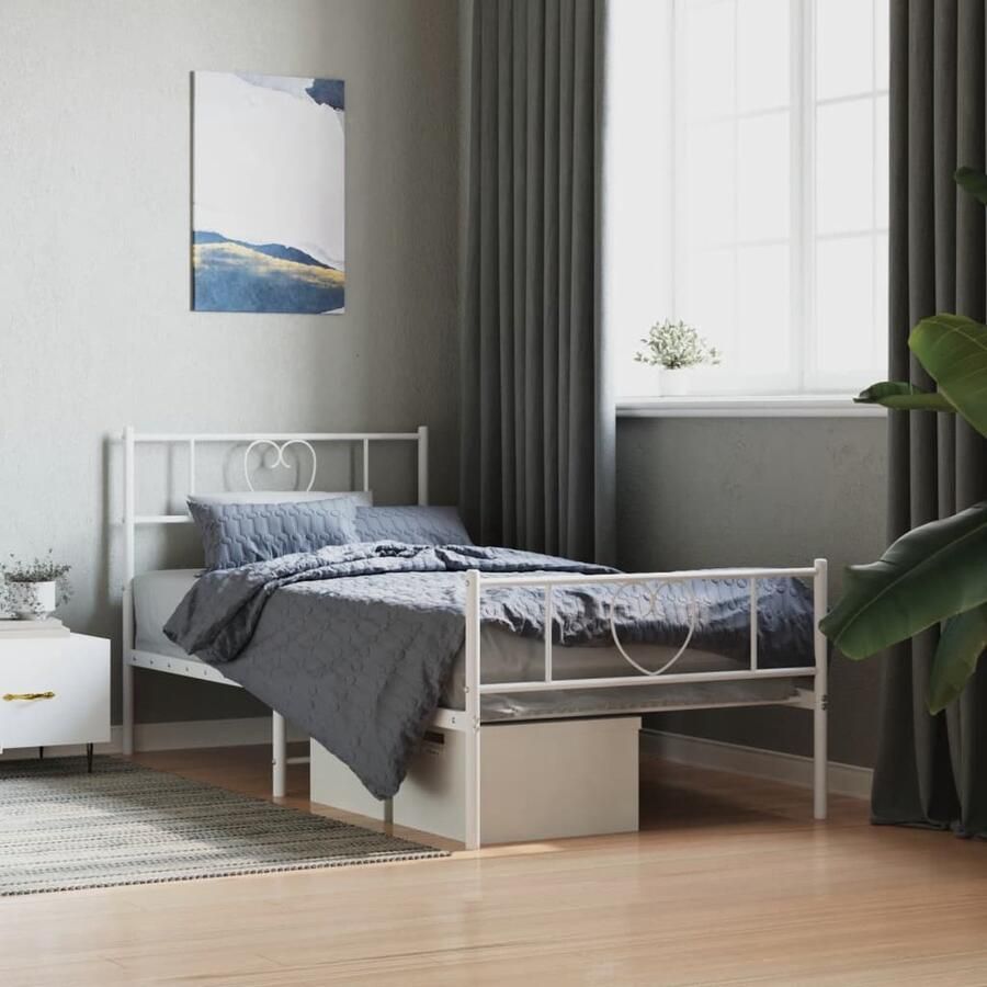 VidaXL Bedframe Wit Metaal 107x203 cm Metalen Bedframe Klassiek Bed Met Opbergruimte Wit Bedframe Staal Bedframe Tweepersoonsbed