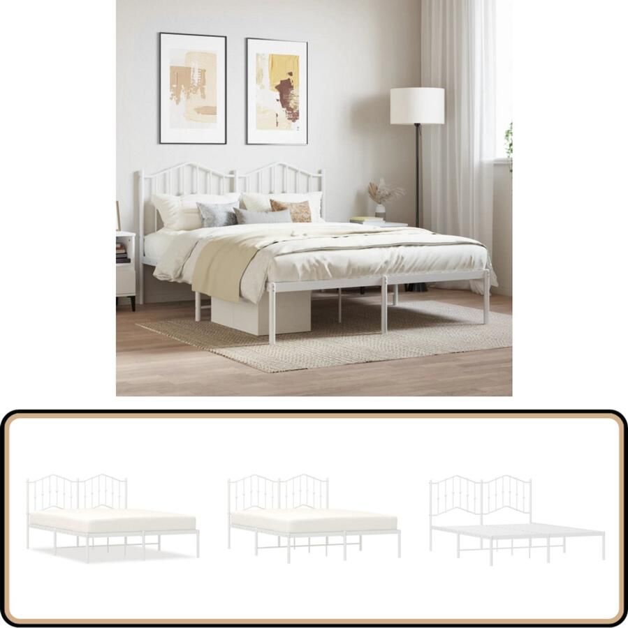 VidaXL Bedframe Wit Metaal 140x200 cm Klassieke Bed Frame Houten Bed Frame Tweepersoons Bed Frame Met Opbergruimte Metalen Bed Frame Witte Bed Frame
