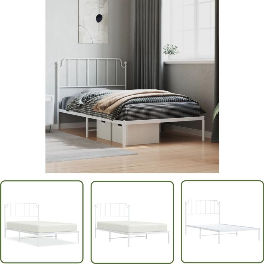 VidaXL Bedframe met hoofdbord metaal wit 107x203 cm Metalen Bedframe Wit Bedframe Staal Boxspring Frame Tweepersoons Bed