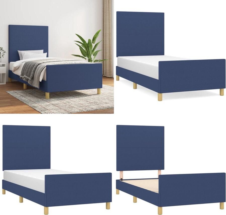 The Living Store Bedframe met hoofdeinde Blauw 203 x 103 x 118 128 cm Geschikt voor matras 100 x 200 cm Duurzaam materiaal Bed Frame Bedhead Tweepersoonsbed Slaapcomfort Blauwdruk