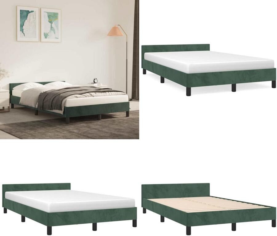VidaXL Bedframe met hoofdeinde fluweel donkergroen 120x200 cm Bedframe Met Hoofdeinde Bedframes Met Hoofdeindes Bed Slaapmeubel - Foto 2