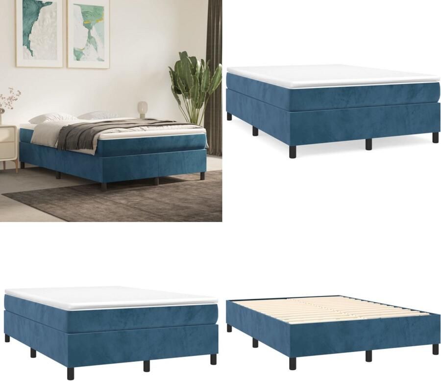 VidaXL Bedframe zonder matras 140x190 cm fluweel donkerblauw Bedframe Bedframes Slaapmeubel Bedbodem
