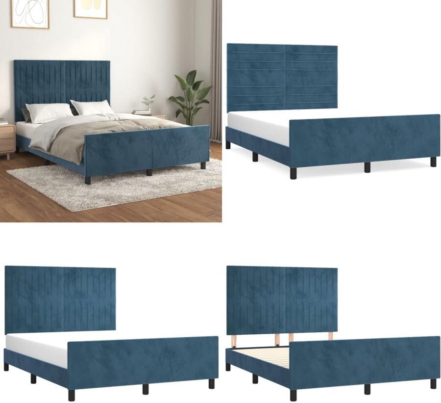 VidaXL Bedframe zonder matras 140x190 cm fluweel donkerblauw Bedframe Met Hoofdeinde Bedframes Met Hoofdeindes Bed Slaapmeubel
