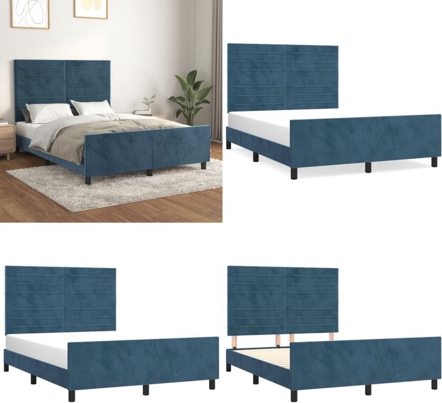 VidaXL Bedframe zonder matras 140x190 cm fluweel donkerblauw Bedframe Met Hoofdeinde Bedframes Met Hoofdeindes Bed Slaapmeubel
