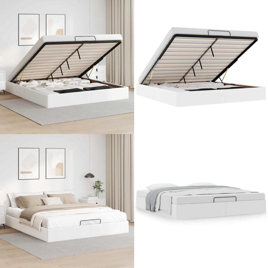 VidaXL Bedframe zonder matras 160x200 cm kunstleer wit Ottomaanse Bedframe Ottomaanse Bedframes Bedframe Met Opbergruimte