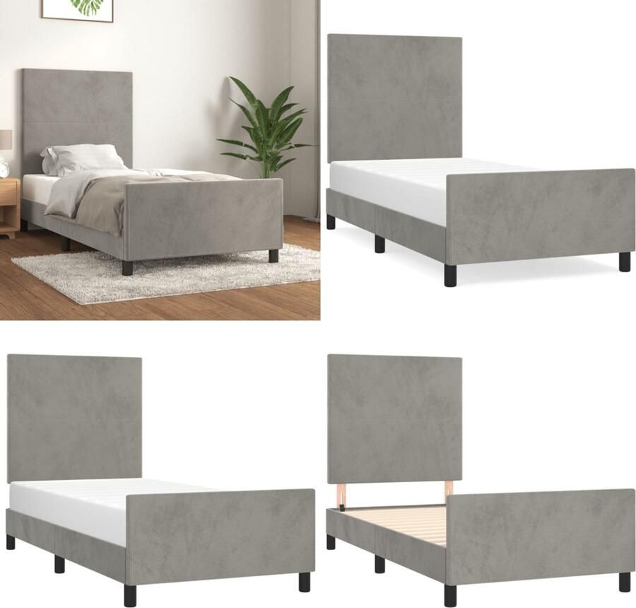 The Living Store Bedframe Fluweel Verstelbare hoogte Ondersteunende poten Multiplex lattenbodem Comfortabele ondersteuning Lichtgrijs 193 x 93 x 118 128 cm Bedframe Fluweel Bed Tweepersoons Bed Boxspring Bed Hoofdbord