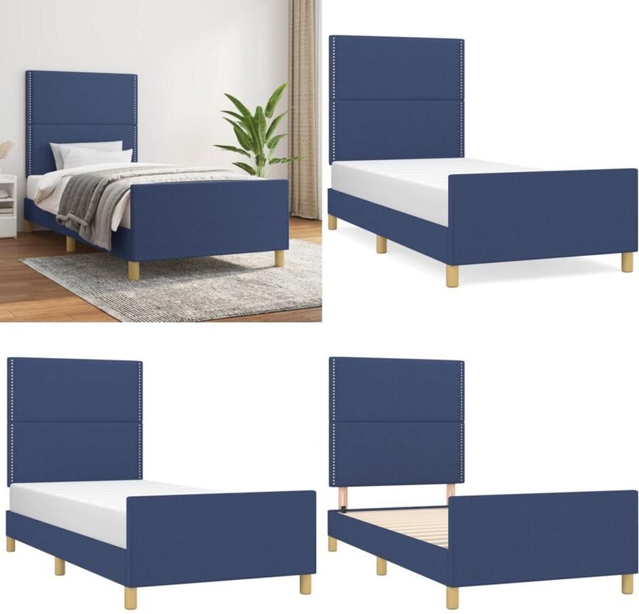 VidaXL Bedframe met hoofdeinde stof blauw 90x200 cm Bedframe Met Hoofdeinde Bedframes Met Hoofdeindes Bed Slaapmeubel